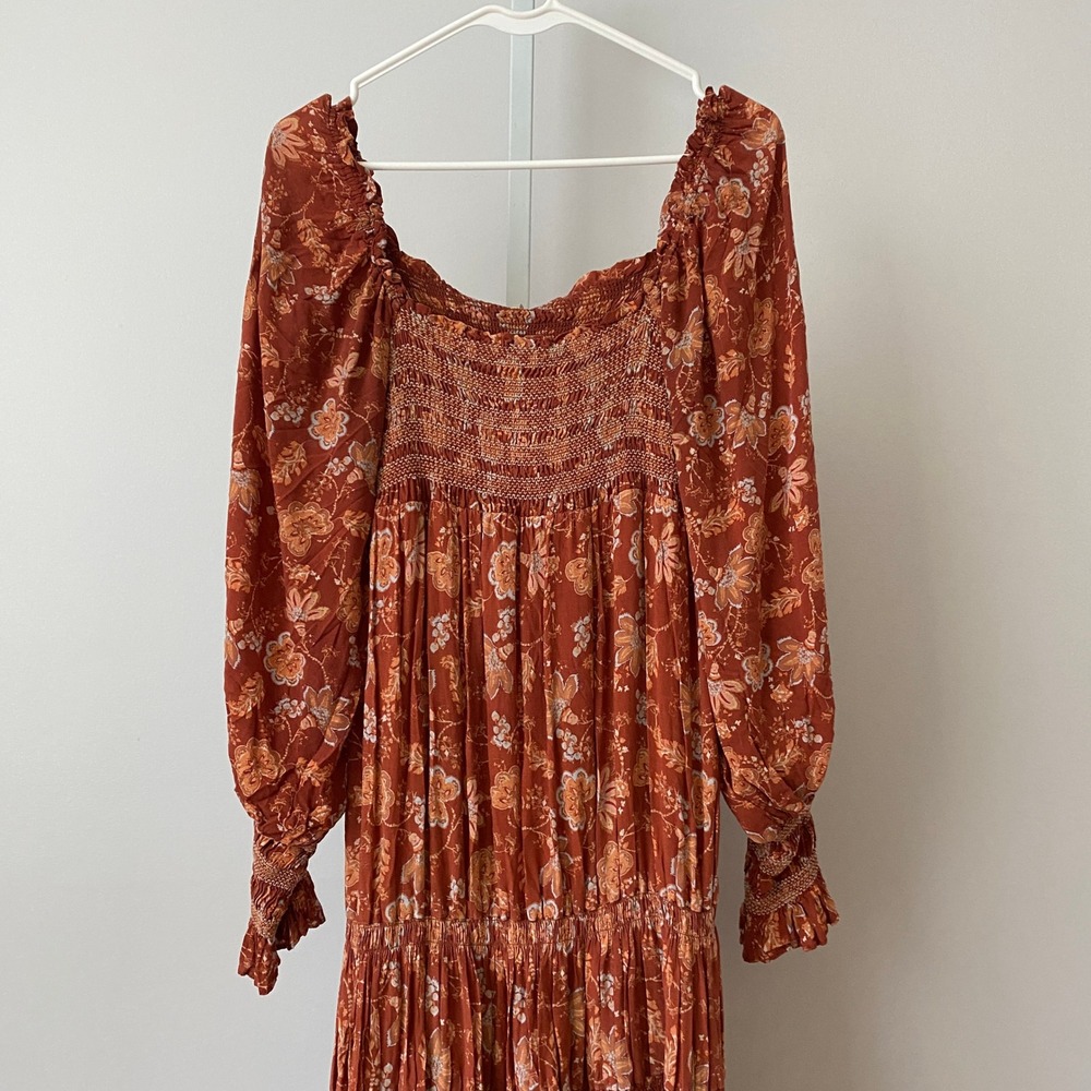 Free‎ People Boho Coastal Smocked Floral Tiered Maxi Dress Small Rust - Picture 2 of 7